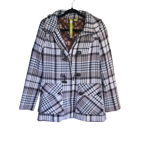 Soia & Kyo Wool Plaid Houndstooth Jacket Cream Toggle Full Zip Medium Fall Layer - Picture 2 of 10